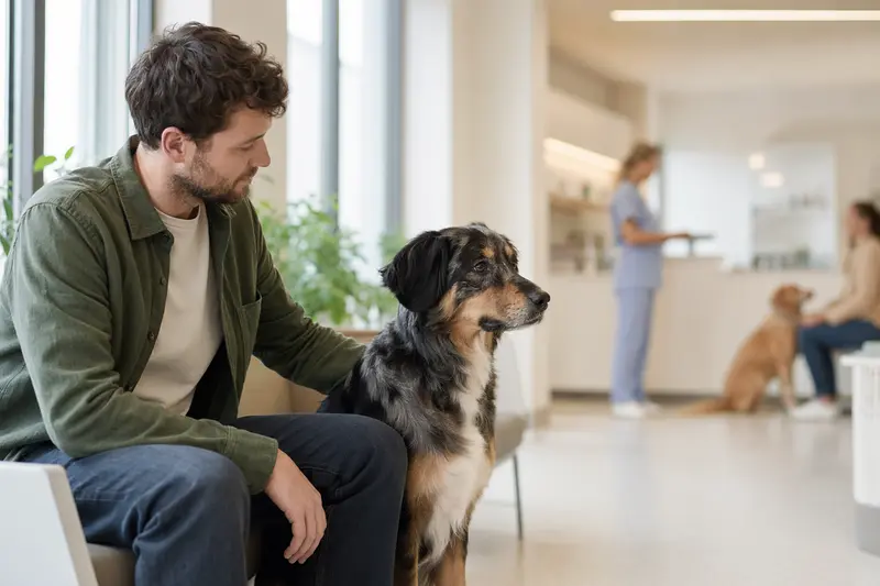 English Shepherd sitzt ruhig neben seinem Besitzer im hellen Wartezimmer einer modernen Tierarztpraxis.